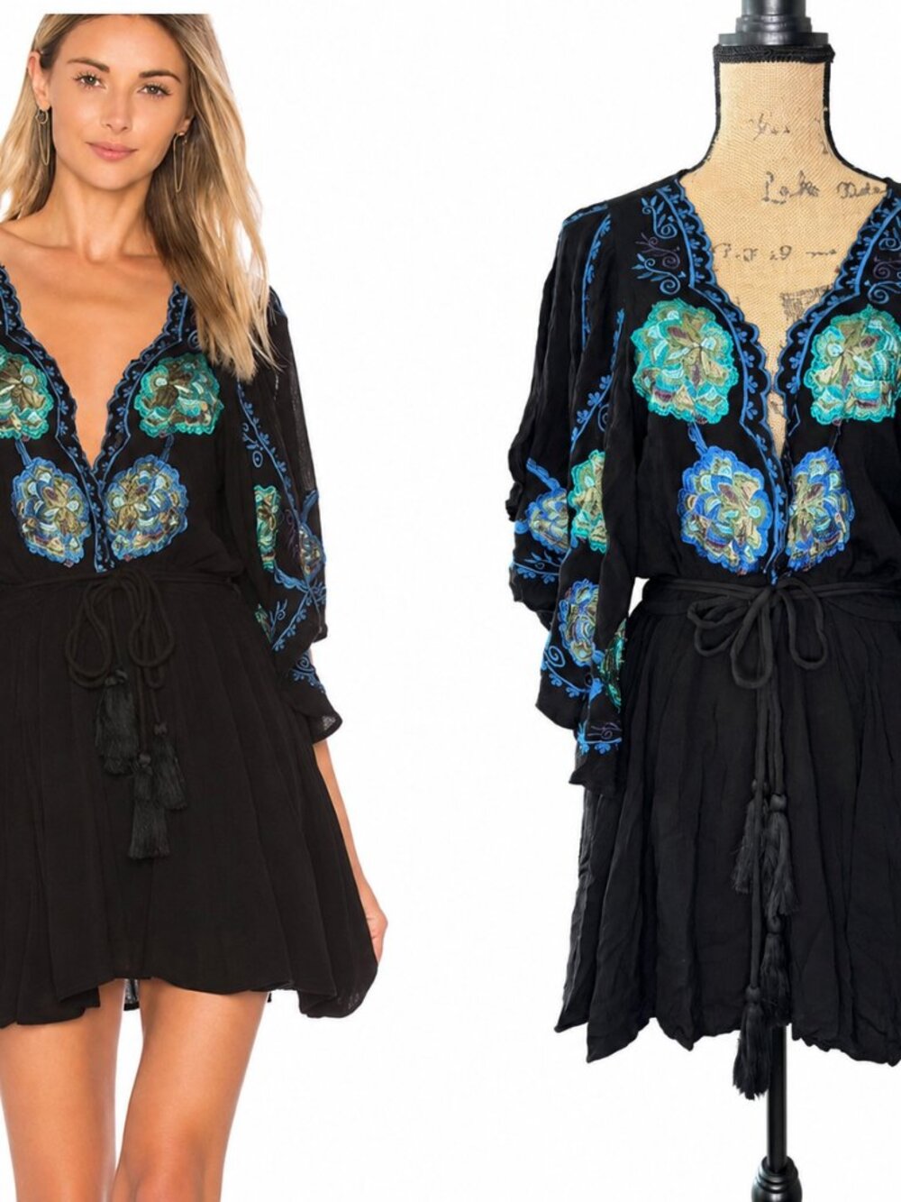 Free People Cora Deep V-Neck Mini Dress Women's Medium Goth Embroidered Bohemian